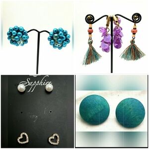 6 pc Lot Vintage Earrings 60s Clip On Teal Blue 80s Purple Boho Fringe VL5